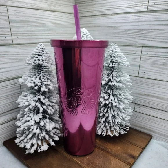 Rare & HTF Starbucks Stainless Steel Berry Pink Metallic Cold Cup Tumbler  24oz